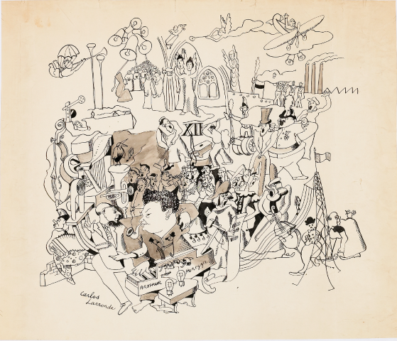 Géa Augsbourg, "Arthur Honegger Carlos Larronde", s.d., encre de Chine sur papier, 40 x 50.5 cm, inv. MAP 1748 © MAP, Photo: Creatim, Renens