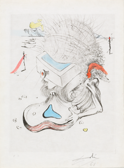 Salvador Dalí, "Pauvre secret Apollinaire Peu de chose", 1968, technique mixte rehaussée de gouache sur papier, 31.5 x 24 cm, inv. MAP 1755 © MAP, Photo: Creatim, Renens