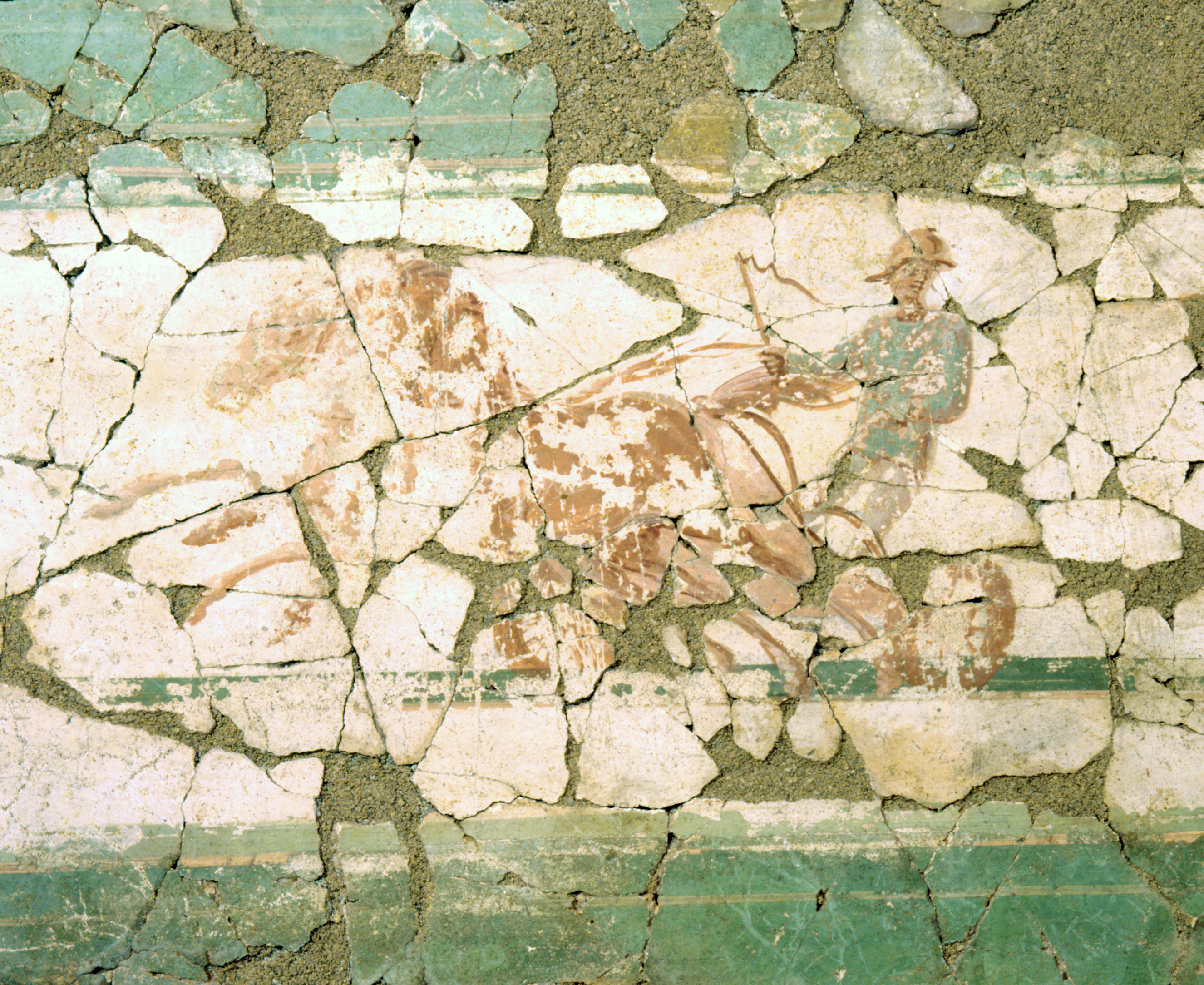 Antiquité romaine (Ier au IIIème siècle) - Détail de la fresque de l’hémicycle : aurige vainqueur sur son char, photo D. Fibbi-Aeppli. Source : Villa romaine du Prieuré Pully, Période romaine, Ier-IIIe siècle. Source : MAY CASTELLA C. (dir.), La villa romaine du Prieuré à Pully et ses peintures murales, Lausanne : Cahiers d’archéologie romande, 2013, p. 152, fig. 152.